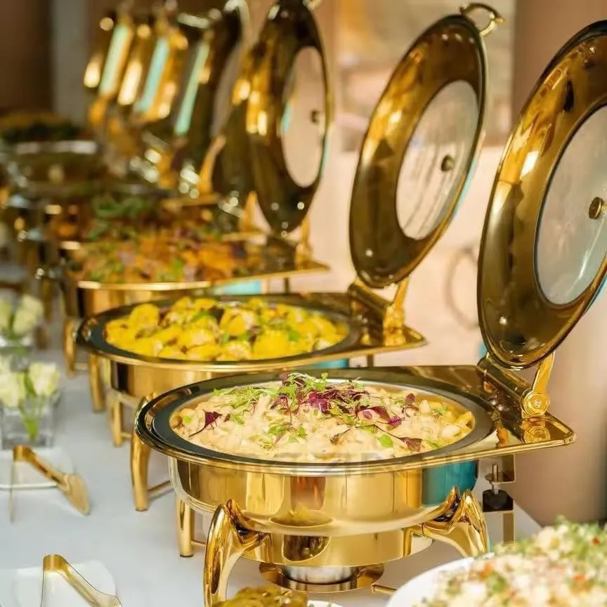 Gold-Plated Luxury Chafing Dishes with Creamy Curries
