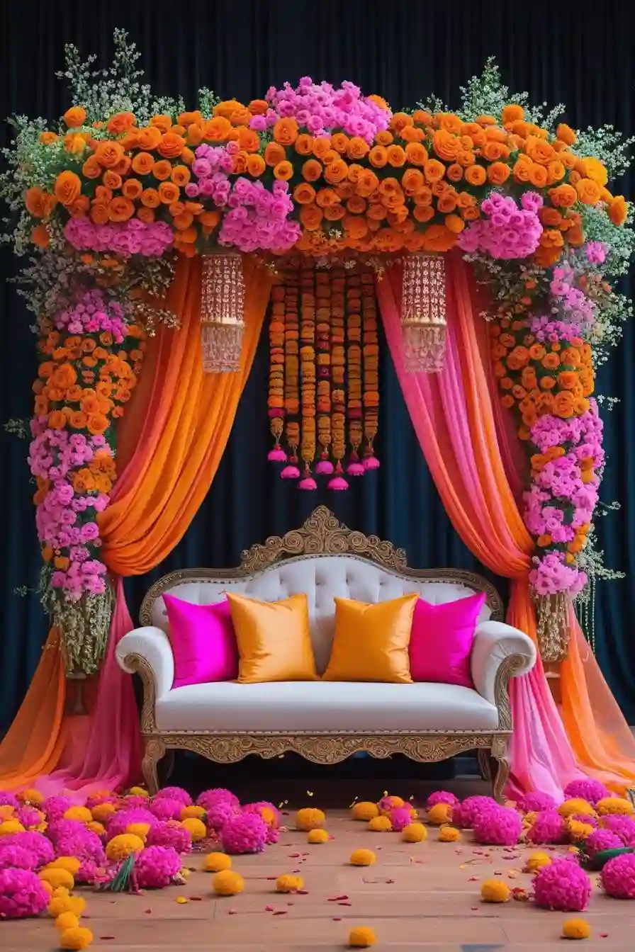 Orange & Pink Floral Arch Mandap (Mehndi)