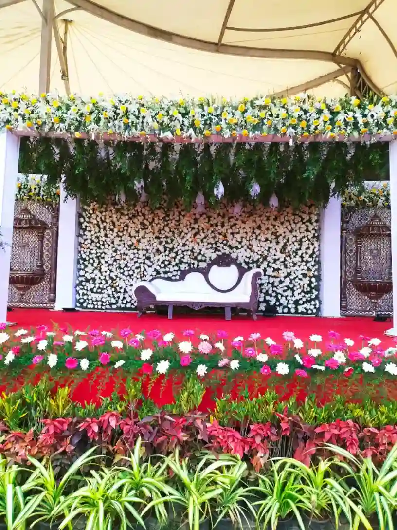 Dense White Rose Wedding Stage
